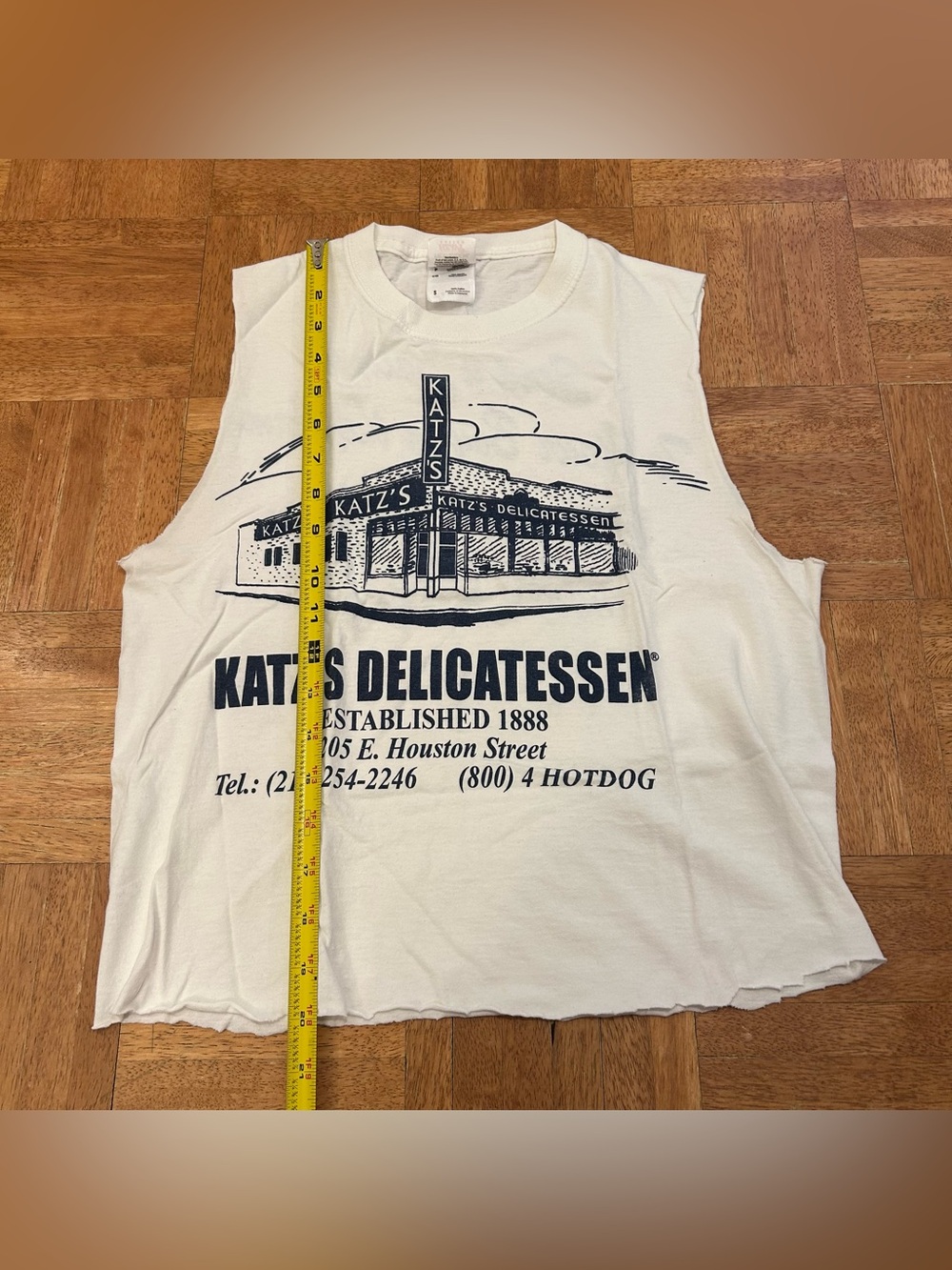 Katz's Delicatessen Men's S Sleeveless Crew Neck Cotton Double-Sided Tee White